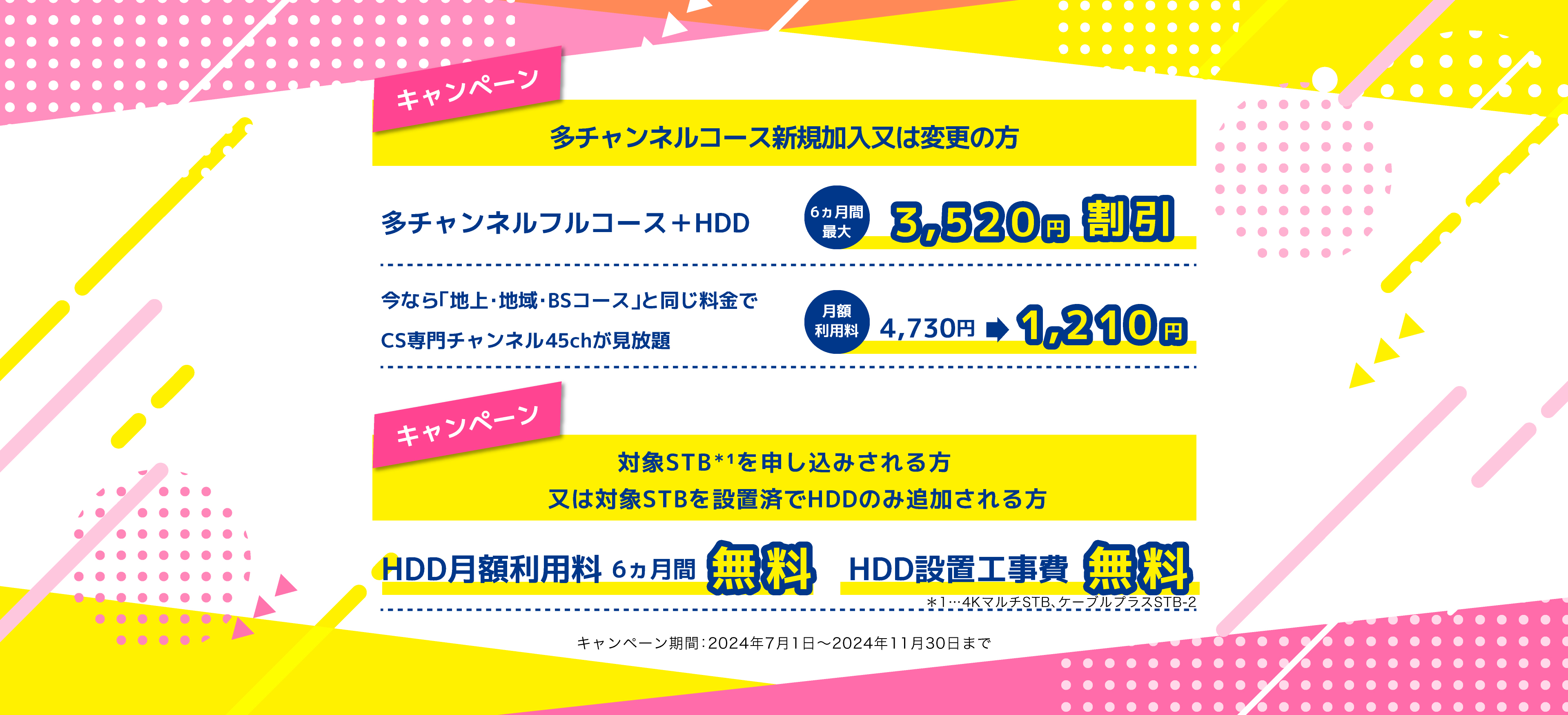 多チャンネルコース新規加入又は変更の方 多チャンネルフルコース＋HDD 6ヵ月間最大3,630円割引